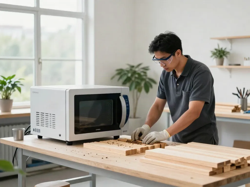 SHASHEL® expert operating microwave equipment in a bright workshop.
