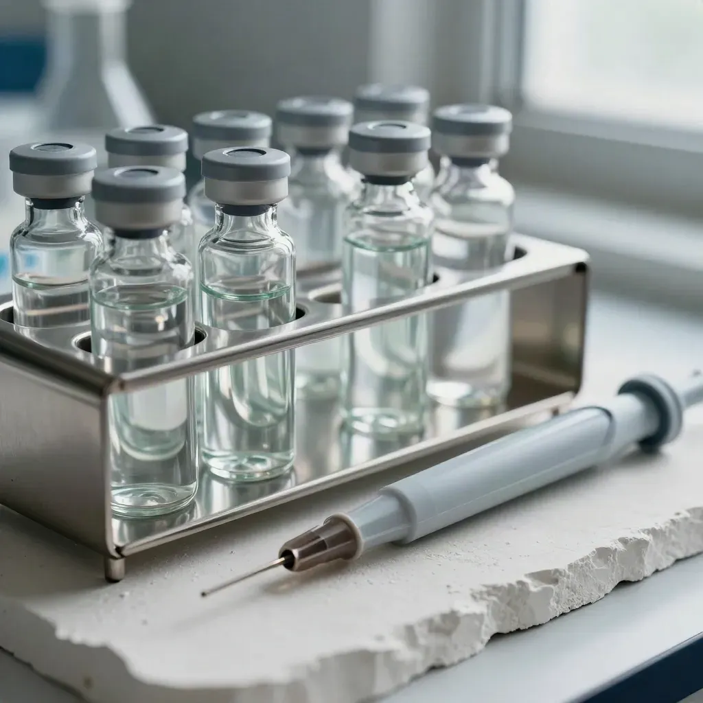 Biotech vials and a pipette on pale plaster with cool haze and aqua accents.