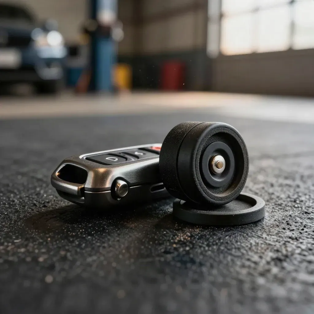 Fleet ignition key shells, sensor puck, and rubber grommet on dark matting in garage dust