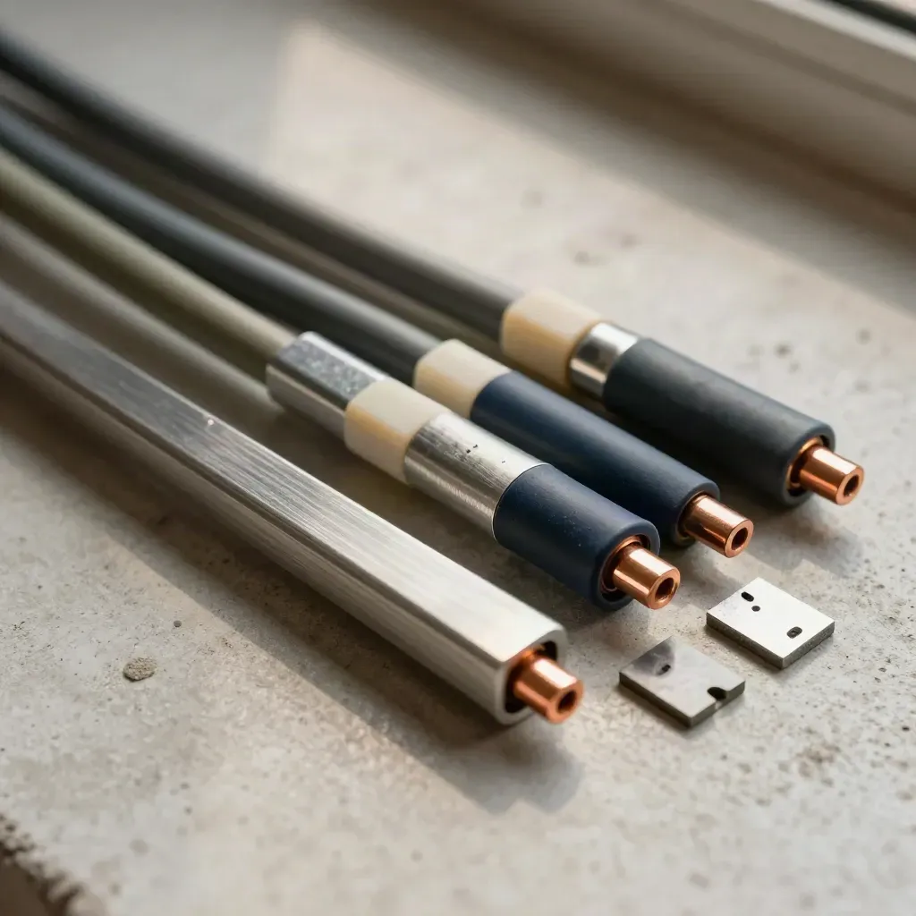 Top-down macro of cable harness parts on pale concrete, with metal channels and ferrules.