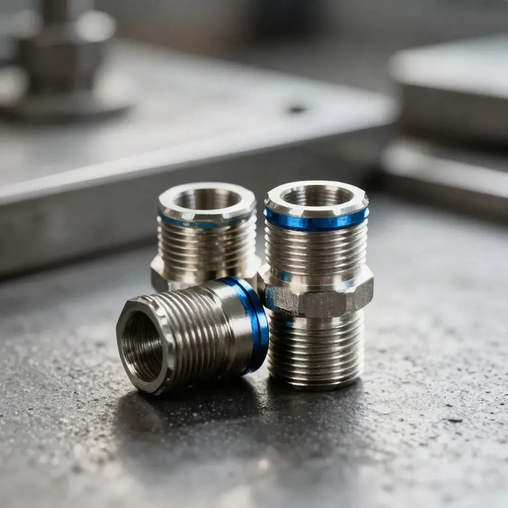 Macro of two metal adapter couplers tightening together on stone with washers and a pipe stub