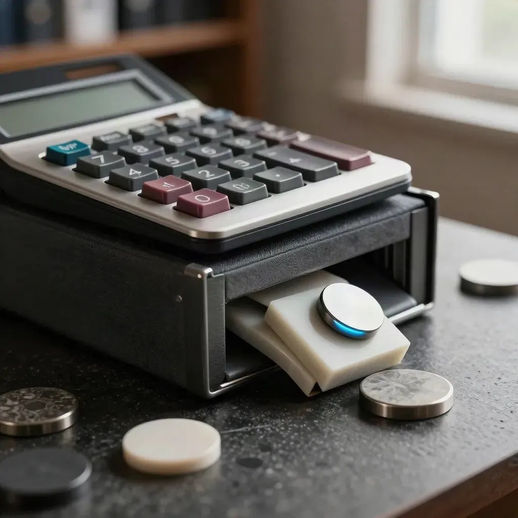 Calculator, paperweight, archive box, and sample chips on stone with blue reflections