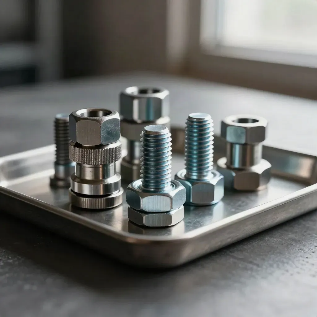 Mirrored couplers and hex bolts aligned on brushed metal in dramatic studio light
